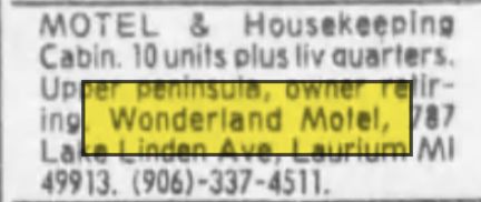 Wonderland Motel & Cabins - Feb 1978 Ad (newer photo)